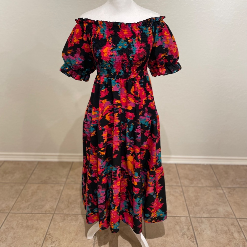 Colorful Black Puff Sleeve Off Shoulder Dress